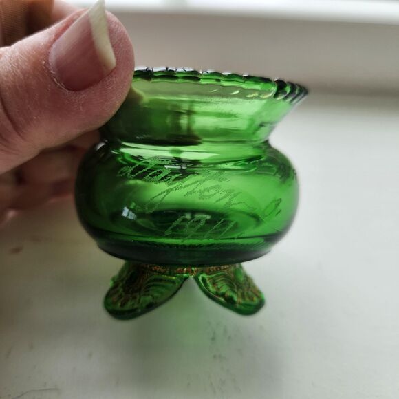 EAPG Cauldron Toothpick Holder Green Glass Colorado Lacy Medallion Set 2 Antique - Picture 6 of 10